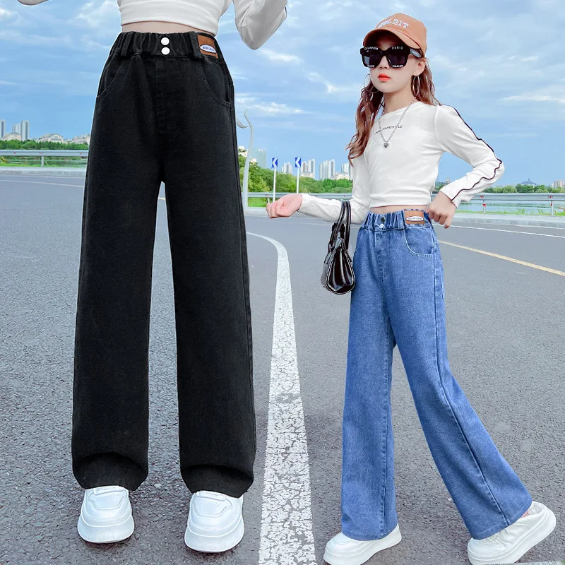 Jeans For Girl Spring High Quality Ripped Wide Leg Pants Teenage Kids Children's Loose Denim Pants Casual Style Trousers Clothes