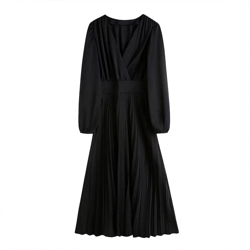 

Autumn 2022 new women's temperament V-neck fashion elastic waist pure color slim crease long dress