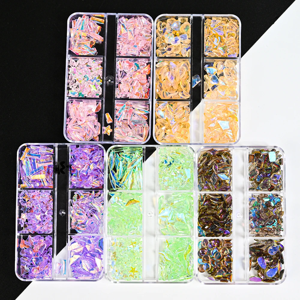 

1Box Aurora Irregular Crystal Rhinsetone Nail Charms Mixed-Sizes Resin Flatback Jewelry AB Glass Gems Stone Manicure Decorations