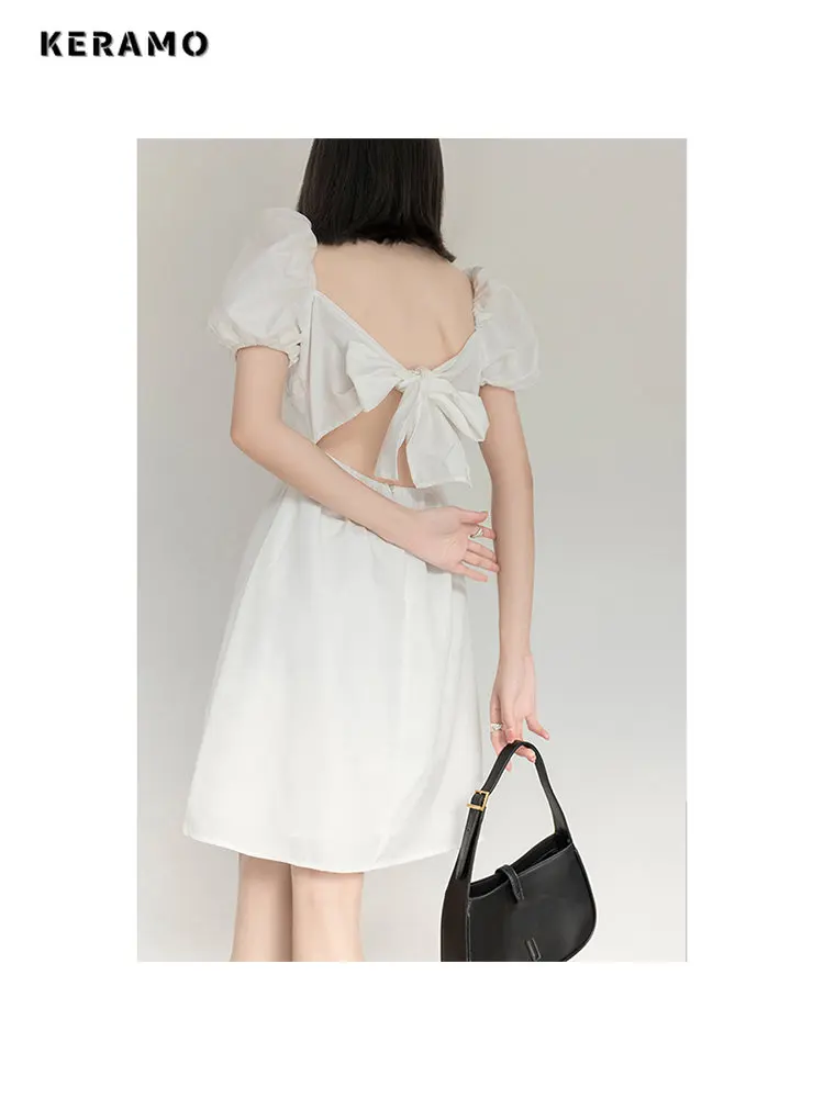 

Женское винтажное мини-платье с бантом, белое элегантное ажурное платье с открытой спиной и высокой талией, с пышными рукавами, вырезом лодочкой и высоким поясом, лето 2023
