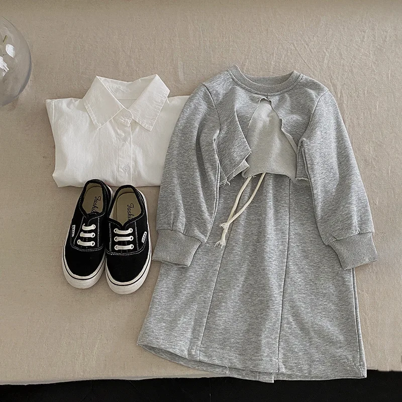 

Детские комплекты, корейский универсальный дизайн для девочек, Повседневная Осенняя простая однотонная эластичная талия с круглым воротником