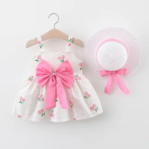 Комплект из 2 предметов, летняя одежда для маленьких девочек, корейское милое хлопковое платье принцессы без рукавов с бантом и принтом + сарафан, детские платья