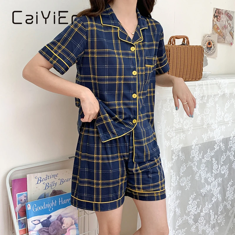 

CAIYIER 2022 Women Grid Print Nightwear Short Sleeve Shorts Sleepwear Korean Girls Loungewear Lovely Bear Girls Lingerie Pyjamas
