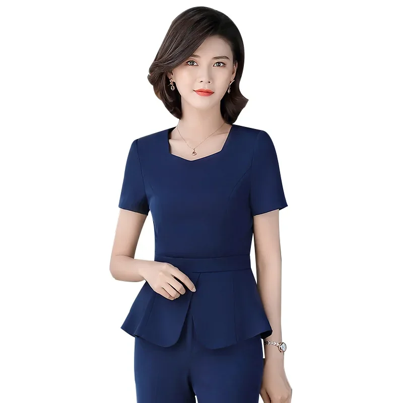 Women's Summer Thin Fashionable Elegant Short Sleeves Professional Suit Front Office Dress Pearl Jewelry Store Workwear