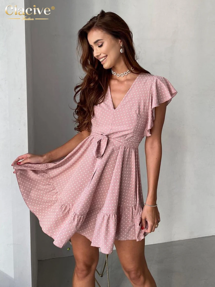 

Clacive Bodycon V-Neck Print Women'S Dress 2022 Summer Casual Sleeveless Lace-Up Mini Dress Elegant Classic Ruched Female Dress