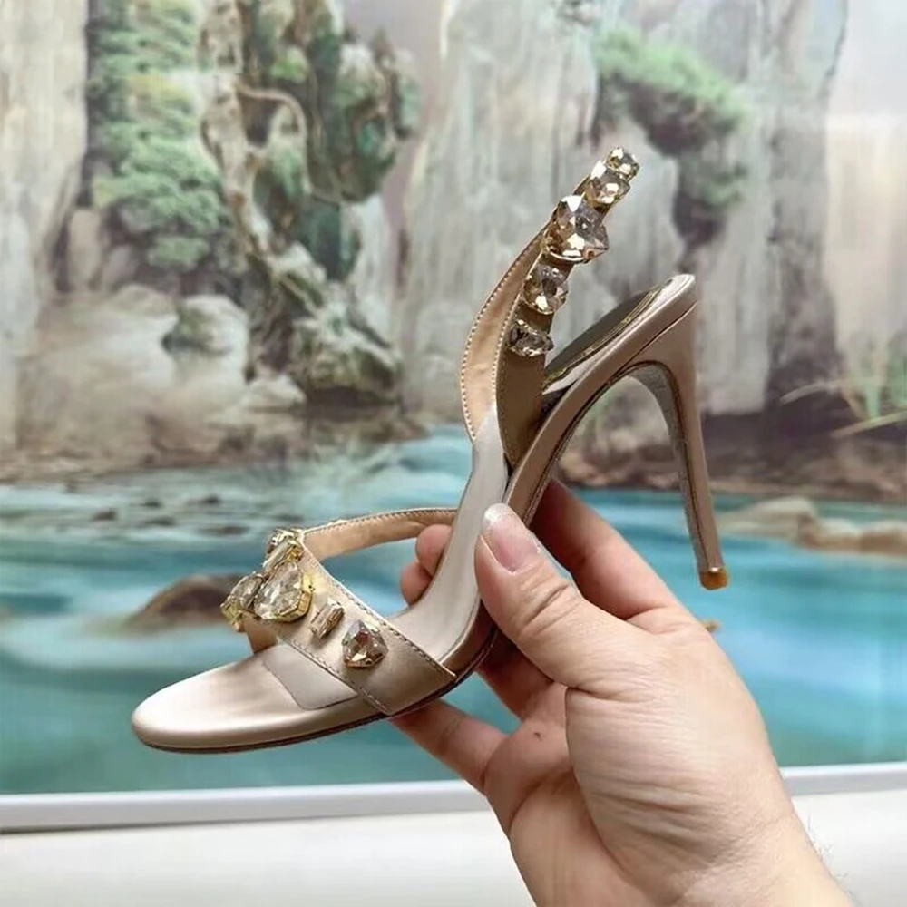 Summer New Women Trend Sandals Colour Jewel Sandale Slip-On Open Toe Stiletto Round Toe Solid Color Fashion Ladies Big Size 45