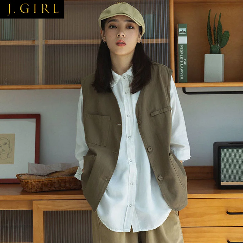

Vests Women Simple Japan Style Single Breasted Loose Unisex All-match Spring Leisure Chic Popular Pure Color Harajuku College