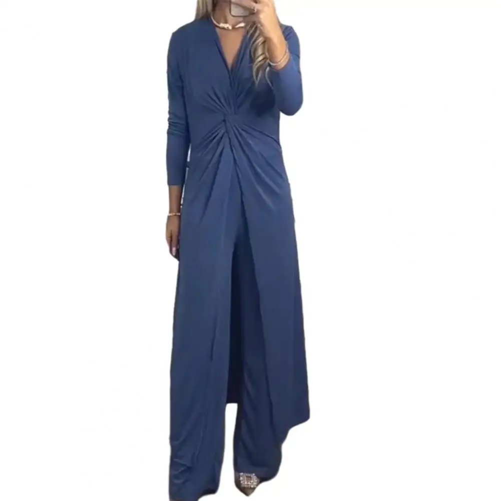 

V-neck Slit Top Wide-leg Trousers Stylish Women's V-neck Twisting Trousers Set Comfortable Fashionable Lady Suit with for Spring