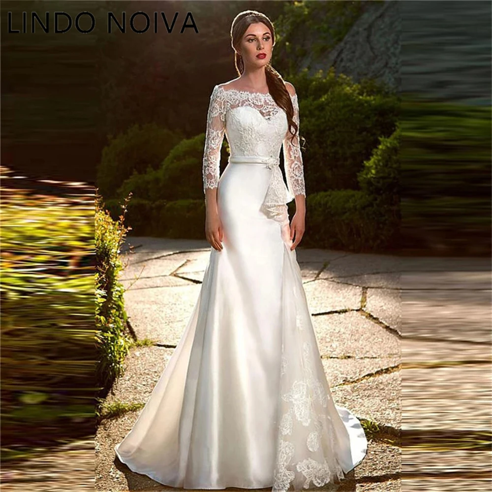 

LINDO NOIVA Vintage Long Sleeves Lace Mermaid Wedding Dress Bride Satin Bridal Gowns Elegant Plus Size Custom Vestido De Novia