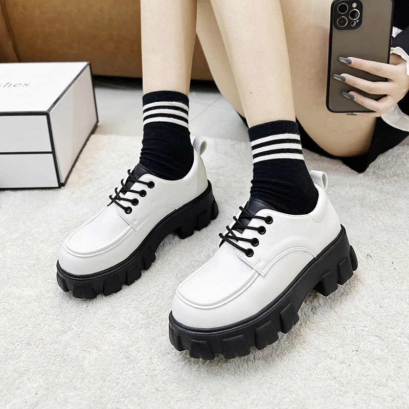 Shoes for Women 2023 Fashion Loafers Autumn PU Leather Lace Up Women Shoes Platform Shoes High Heels Ladies Chaussure Femme