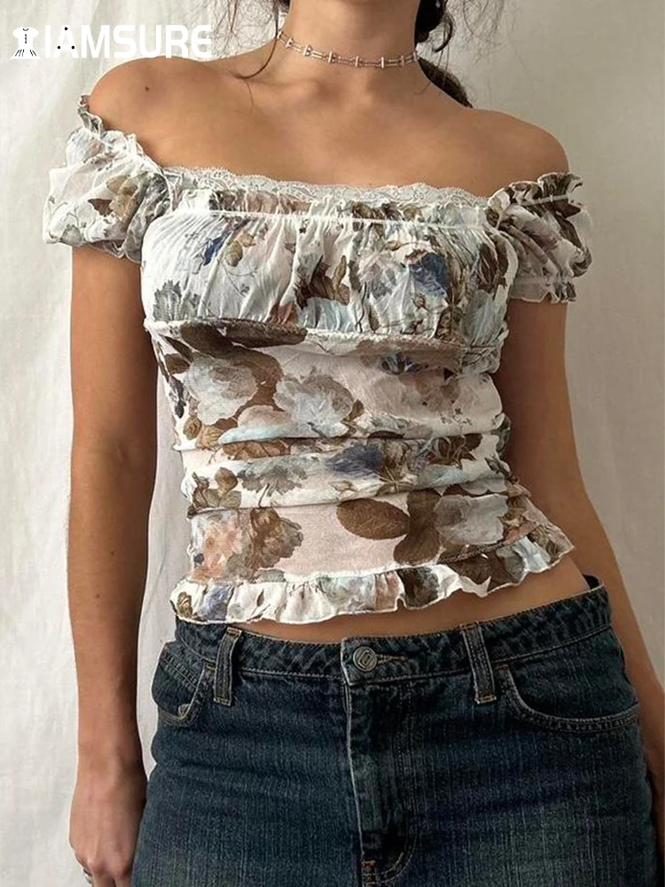 

IAMSURE Vintage Lace Trim Ruffles Cropped T Shirt Casual Slim Square Collar Short Sleeve Tees Women 2023 Summer Fashion Lady