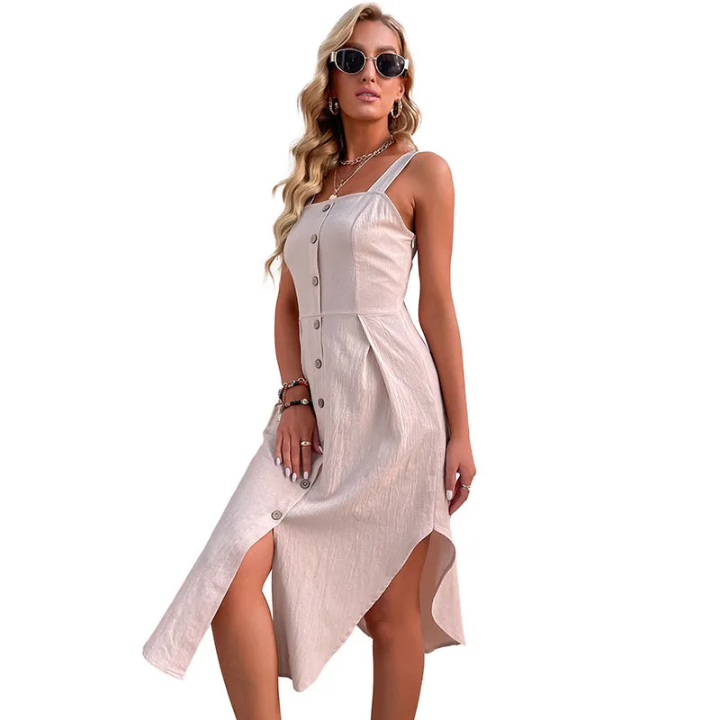 

2022 Summer Sleeveless Square Neck Button Dress Casual Holiday Dress Women Solid Suspender Slim Irregular Cotton Linen Dresses