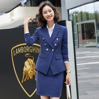 formal ladies red blazer women business suits with sets work wear office uniform blue strip 2 piece large size skirt jacket set