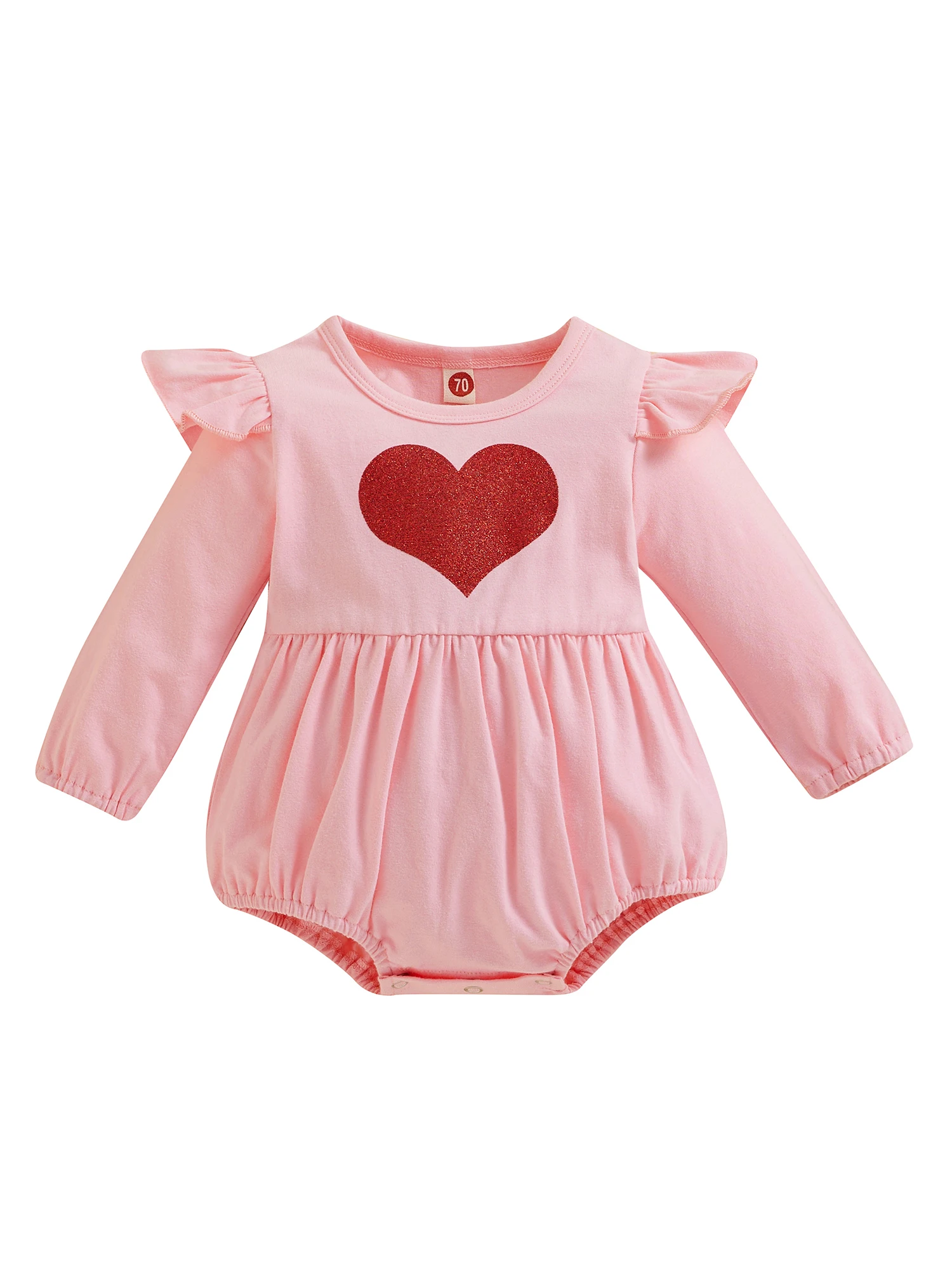

Valentine s Day Baby Girls Spring Autumn Romper Pink Long Sleeve Round Neck Ruffle Heart Print Playsuit