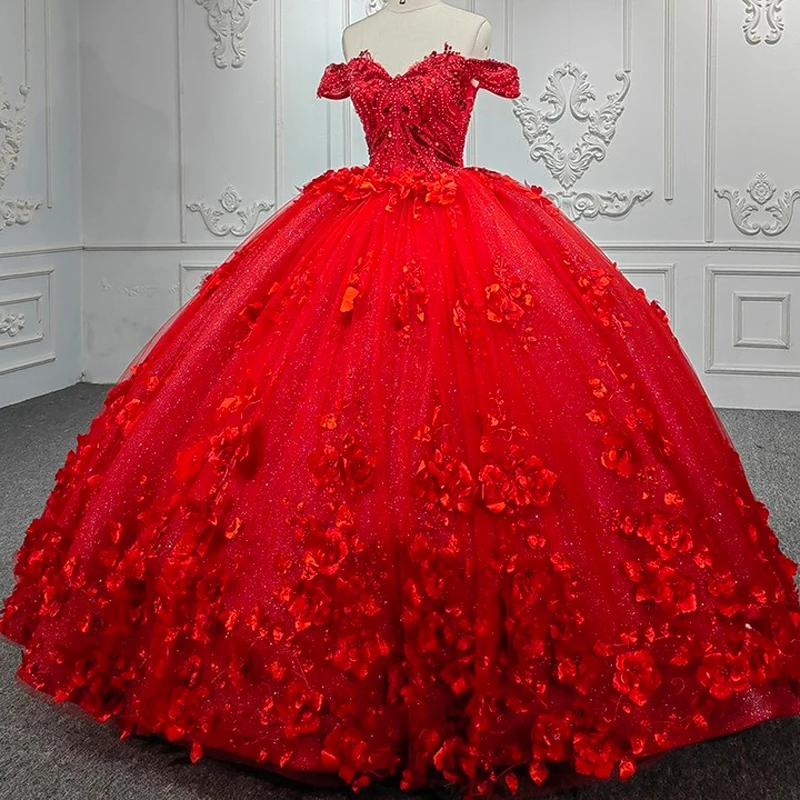 

Красное бальное платье принцессы, платье для Quinceanera, платья для 15-15 лет, 2023, платье на день рождения, 3D цветочное Бисероплетение, элегантные платья для женщин