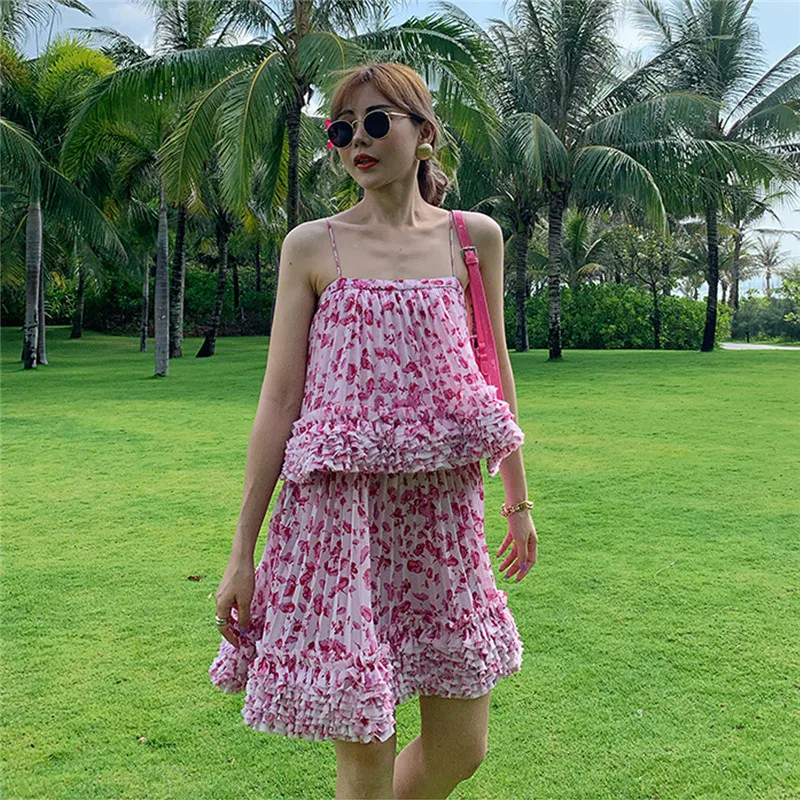 

Korea Summer Dress New Fashion 2023 Women Sexy Spaghetti Strap Chiffon Floral Print Pleated Cascading Ruffles Casual Dress