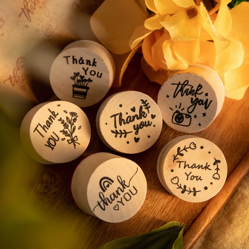 

6pcs Wood Flower Thank You Seal Stamp Diy Thank You Tag Handmade Party Favor Kids Gift Sealing Wedding Decoration Card Seal Diy