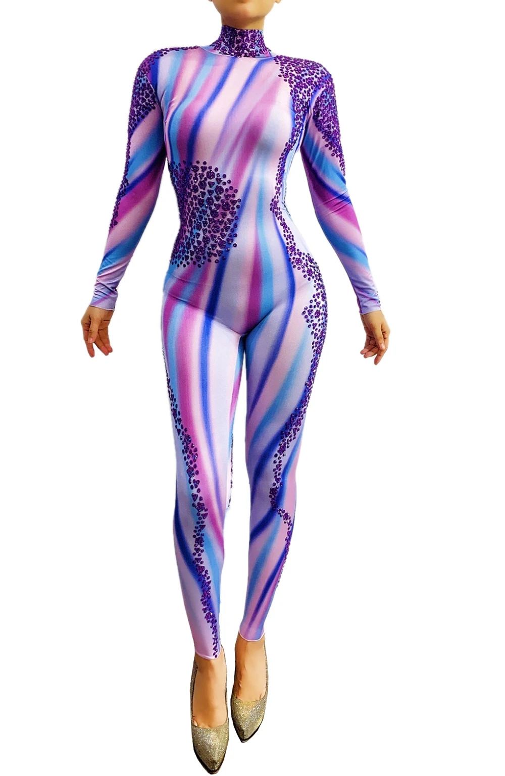 

Women Dancer Purple Rhinestone Long Sleeves Jumpsuit Singer Show Outfit Spandex Leggings Birthday Celebrate Prom Wear