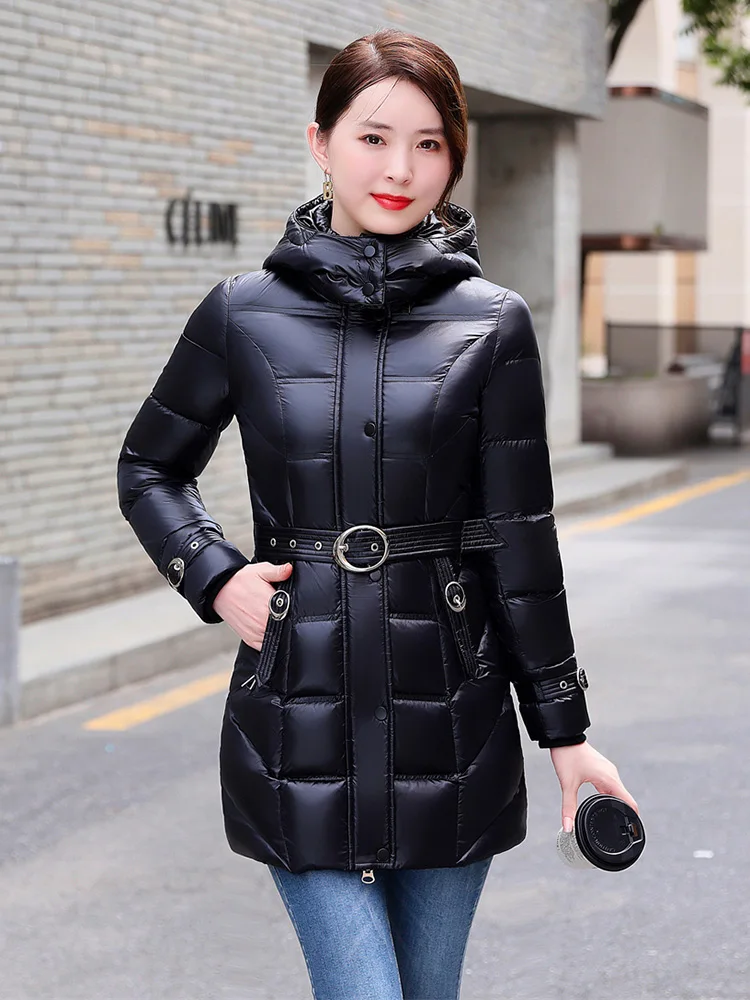 New Women Winter Thicken Down Jacket Simple Fashion Hooded Glossy Surface Belt Slim Down Coat Medium White Duck Down Outerwear