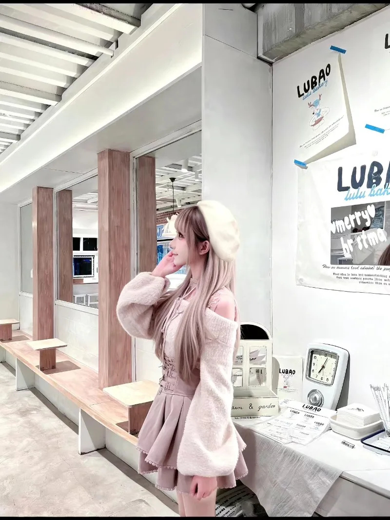 Фото Свитер с открытыми плечами в японском стиле Sweet Lolita + розовая юбка с высокой талией, комплекты на осень/зиму, новая милая одежда в стиле кавай для девочек №5