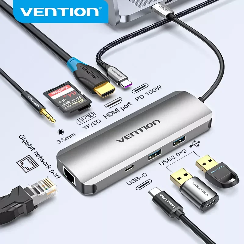 

USB-концентратор Vention, USB C, HDMI, 4K, VGA, PD, RJ45, 3,5 мм