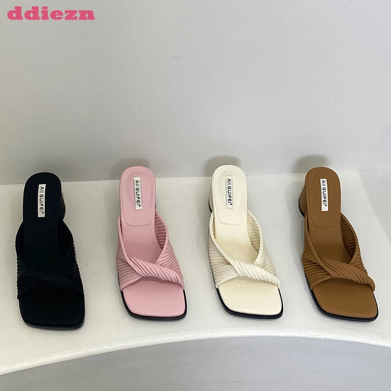 

Туфли-лодочки женские с квадратным носком, сандалии на высоком каблуке, Повседневная Уличная обувь, сланцы, розовые, лето 2023