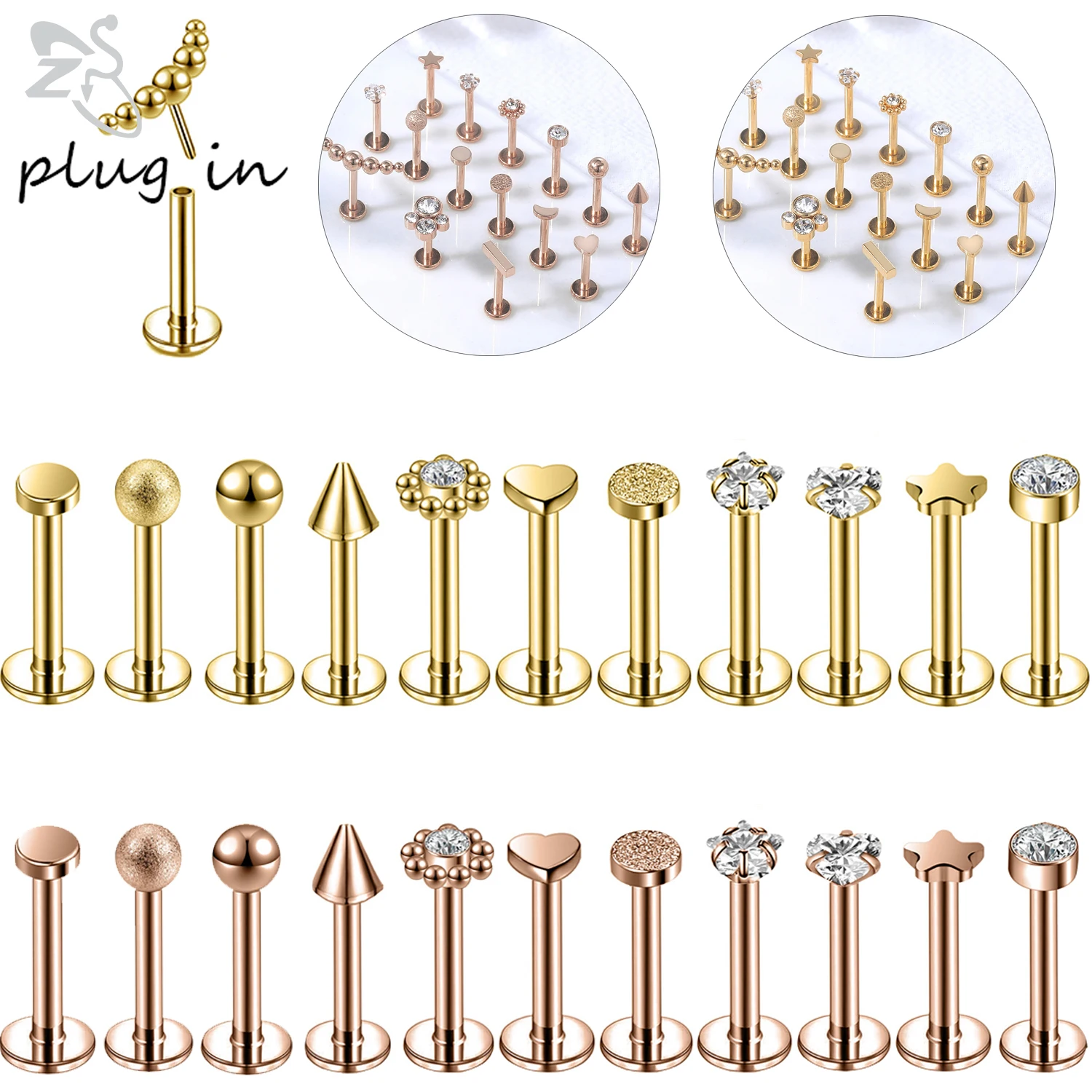 

ZS 1PC 16G 316L Stainless Steel Labret Piercing Plug in Style Lip Stud Crystal Star Moon Heart Ear Tragus Helix Conch Piercing