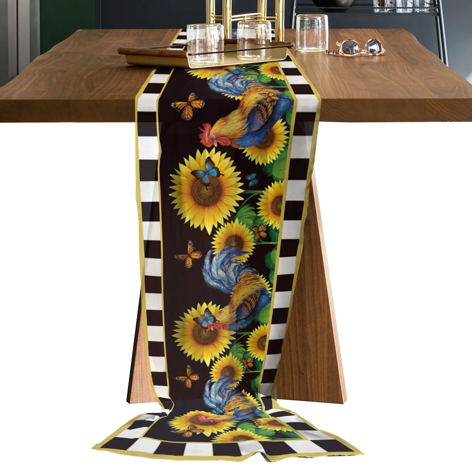 

Sunflower Farm Butterfly Cock Long Chiffon Voile Table Runner Printed Tablecloth for Wedding Coffee Table Sheer Table Runner