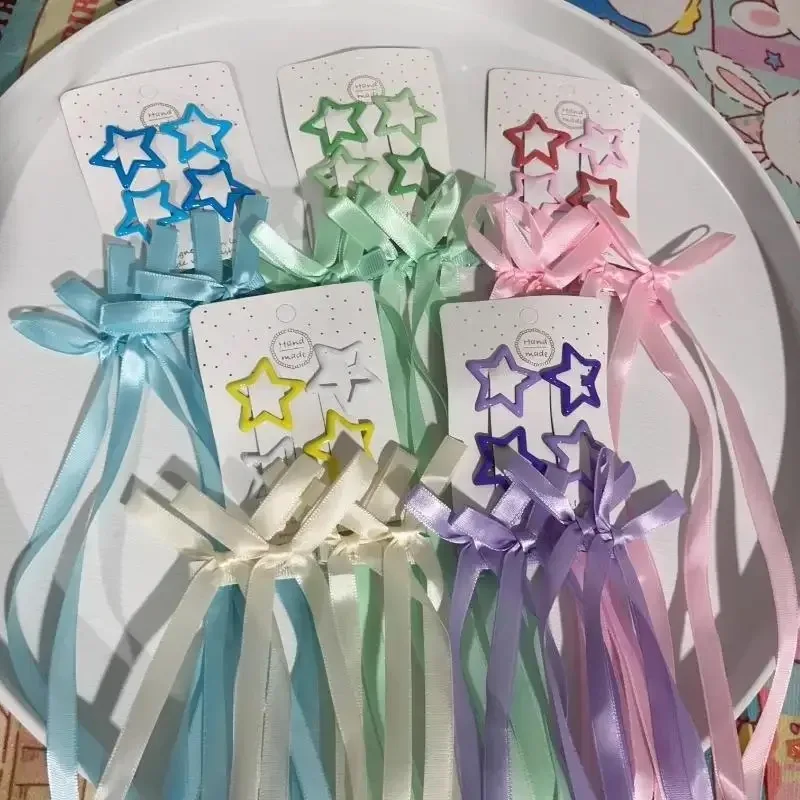 Y2K 6 шт./комплект длинные ленточные заколки для волос с бантом звезда однотонные