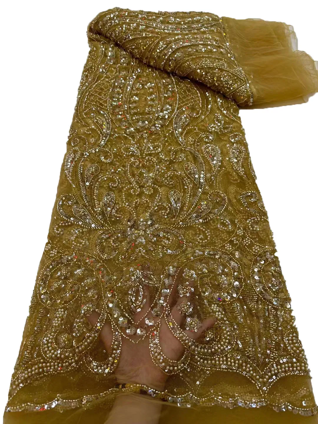 

Fashion exquisite bead tube sequins mesh lace embroidery, high-end fashion luxury wedding dress fabric 5 yards