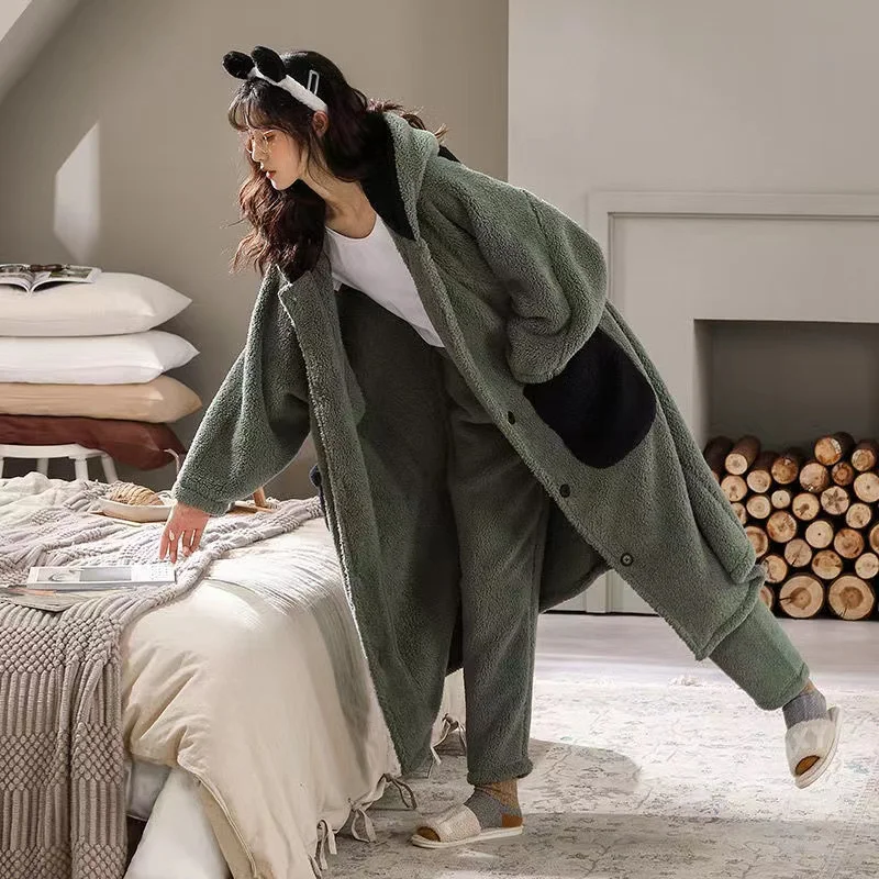 Winter Pajamas Women Coral Fleece Nightgown Pajamas Suit Home Clothes Lady 2PCS Sleepwear Flannel Long Sleeves Pijama Thick