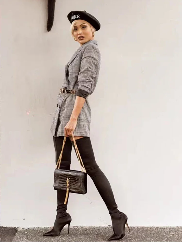 Сапоги выше колена для женщин пикантные узкие эластичные сапоги до бедра с