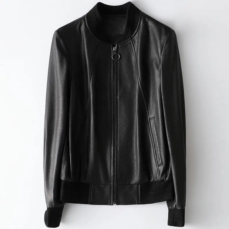 

New Women Real Leather Blouses Female Autumn Black Leather Basic Coat Ladies Stand Collar Motor Leather Biker Casual Jacket G52