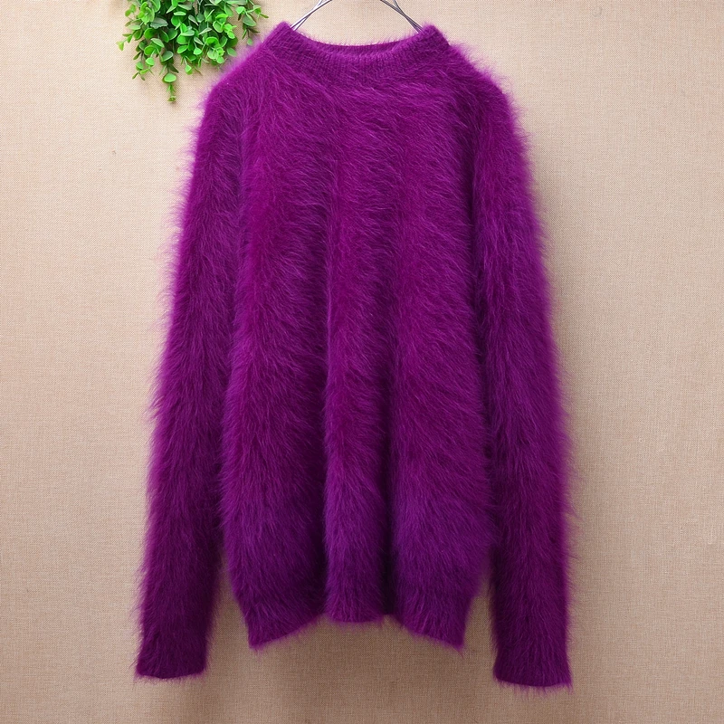

female women autumn winter purple hairy mink cashmere knitted o-neck slim blouses pullover angora fur jumper sweater pull tops