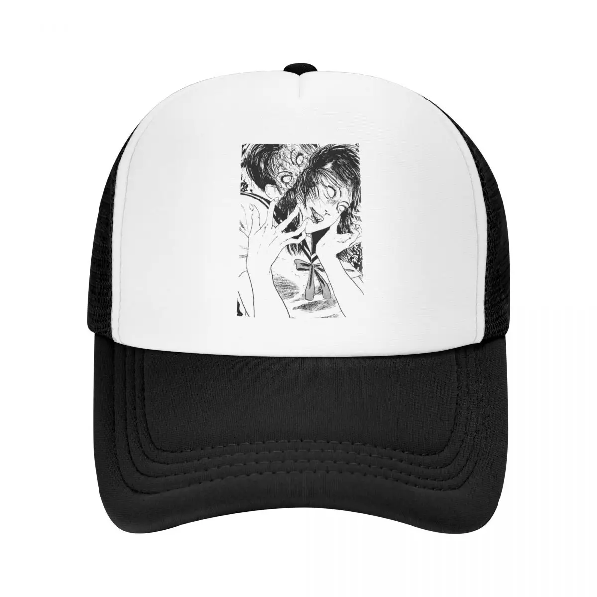 

Monochrome Possession Design Essential Trucker Hats Junji Ito Mesh Net Baseball Cap For Men Women Hip Hop Snapback Streetwear
