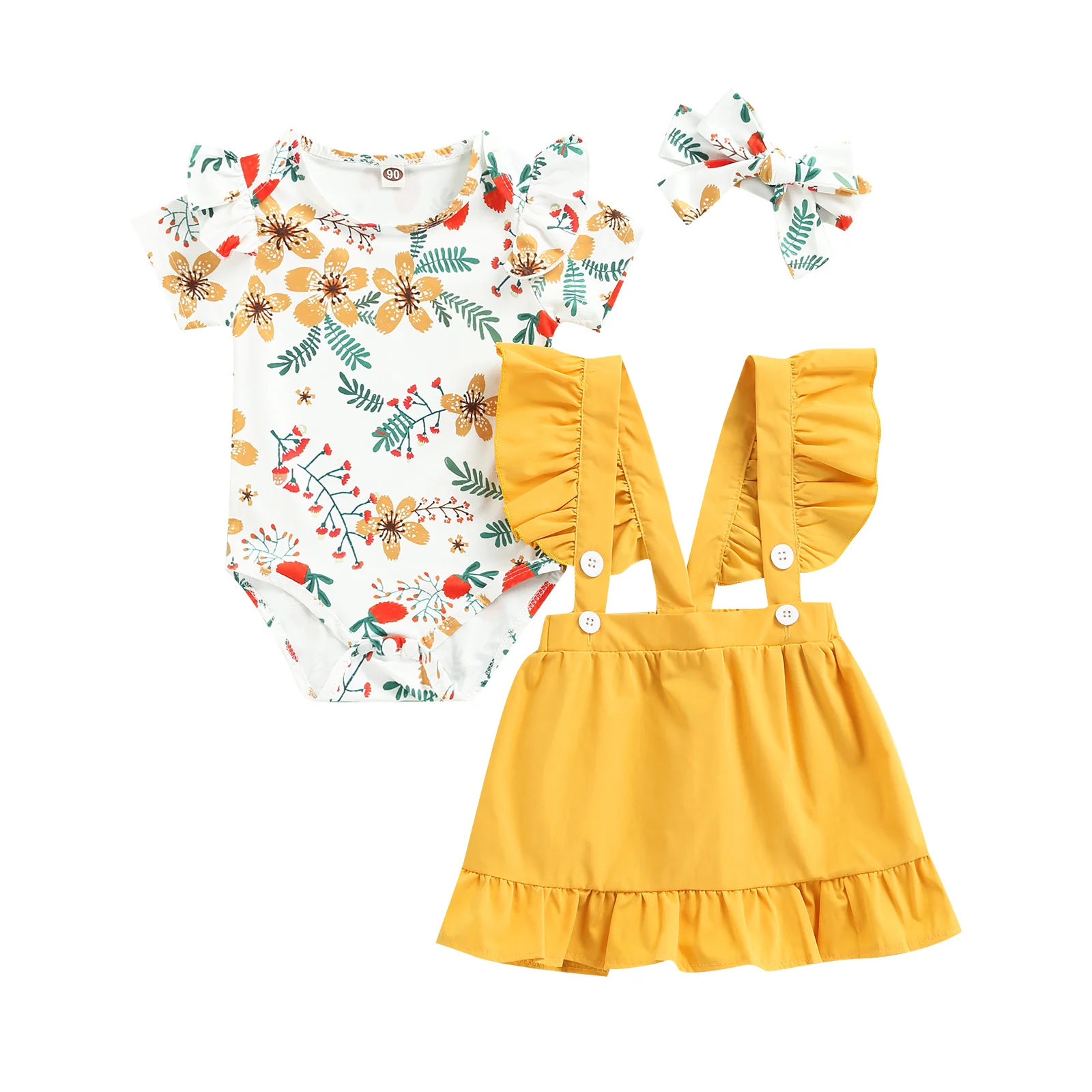 

2022 0-18m Cute Baby Girl Clothes Set Summer Ruffle Short Sleeve Round Neck Romper+suspender Skirt+headband Outfits 3pcs