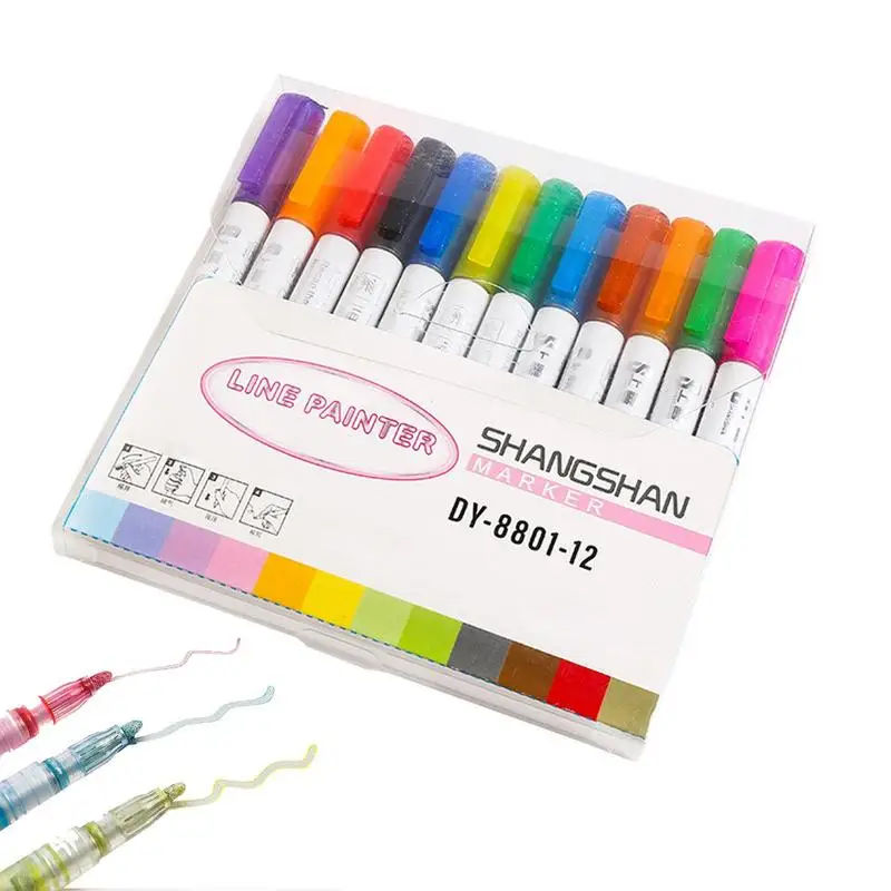 

Double Line Markers 12 Colors Shimmer Doodle Double Line Metallic Pens Kids DIY Highlight Glitter Drawing Shimmer Pens For