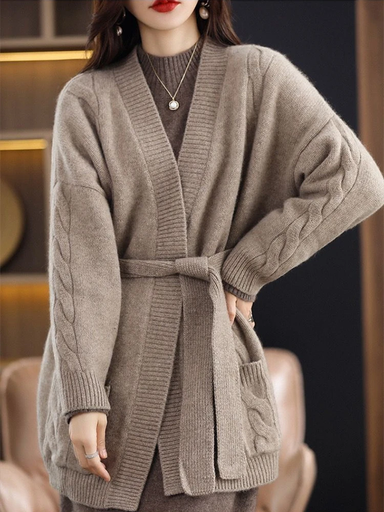 Cashmere Cardigan Autumn/Winter 100% Pure Wool Sweater Casual Solid Ladies Tops V Neck Knitted Coat Belt Loose Fashion sweater