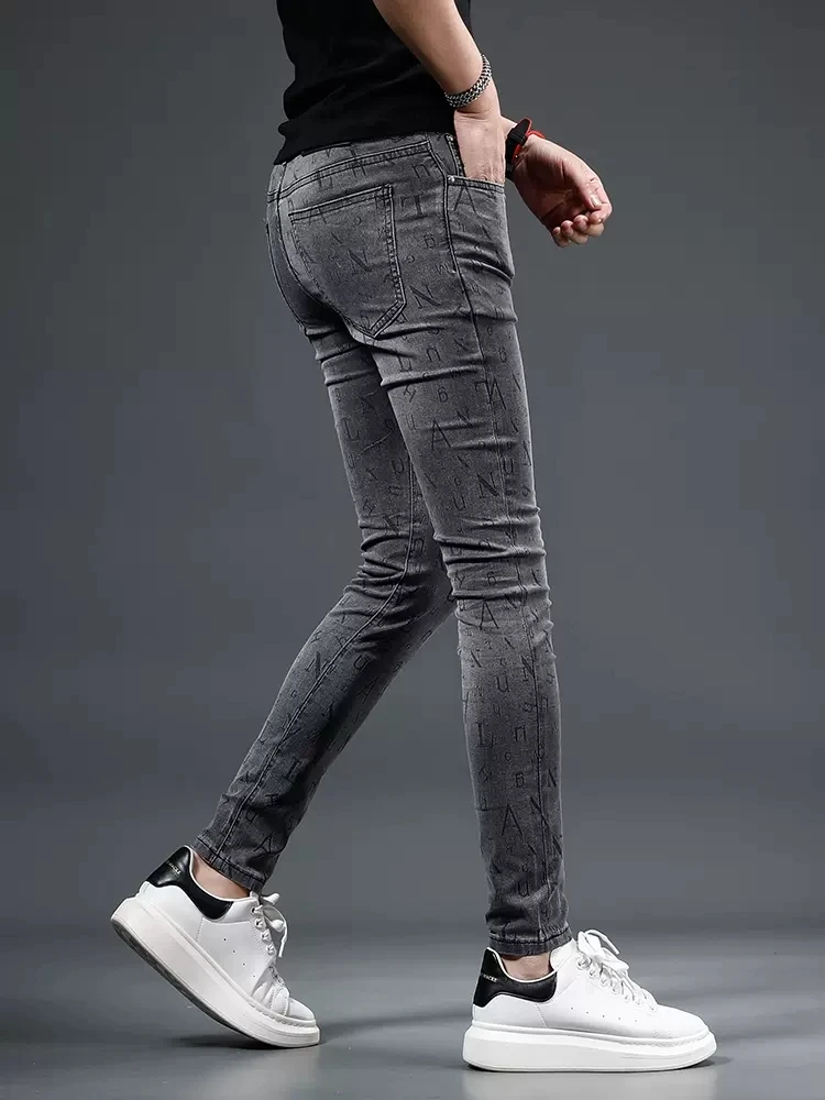 Summer Slim Fit Men's Jeans Fashion Letter Printed Gray Denim Pants CP2266