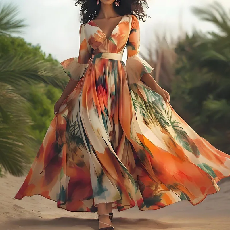 Фото Длинное платье Женские платья A Line Vestidos Y2k Уличная одежда с v-образным вырезом и длинным рукавом с высокой талией и принтом Элегантное сращивание вечеринок Ночная работа №1
