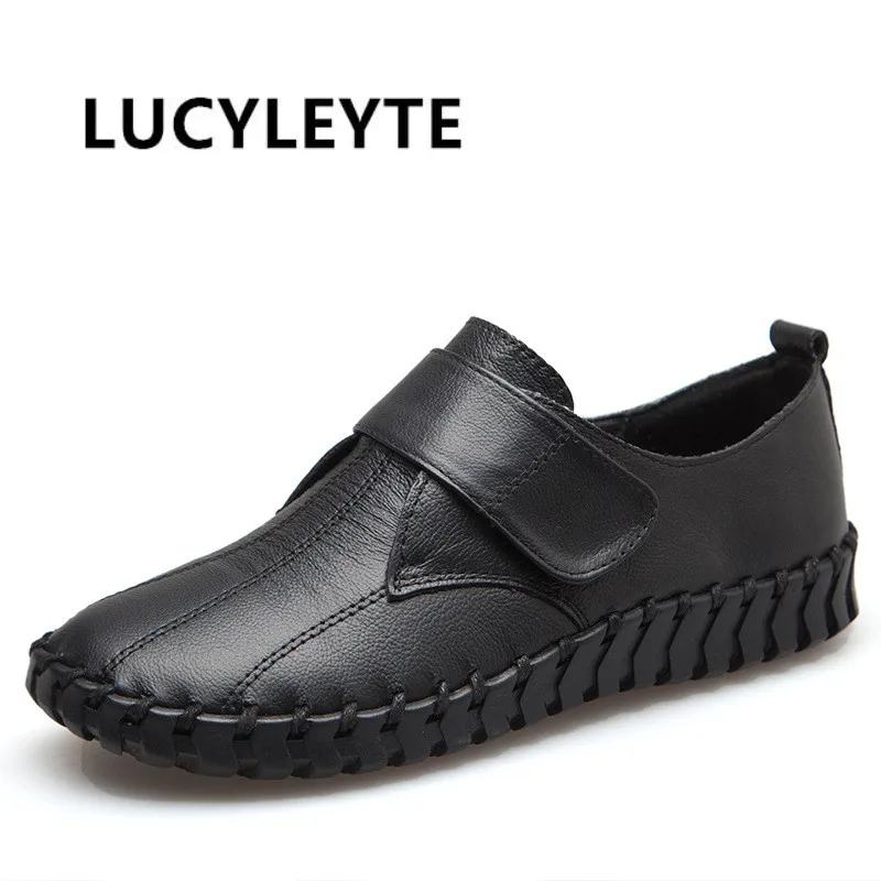 

Spring and Autumn Leather Mother Shoes Deep Mouth Velcro Sewing Flat Bottom Non-slip Middle-aged and Elderly Single Shoes