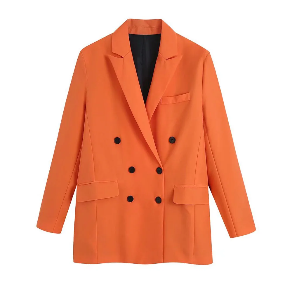 

URMASZA spring 2022 womens fashion double breasted patch pocket Blazer orange jacket Vintage Long Sleeve jackets for women 2022