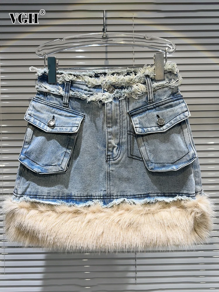 

Женская джинсовая мини-юбка с карманами VGH, повседневная облегающая юбка из искусственного меха с высокой талией и необработанным подолом, в стиле пэчворк