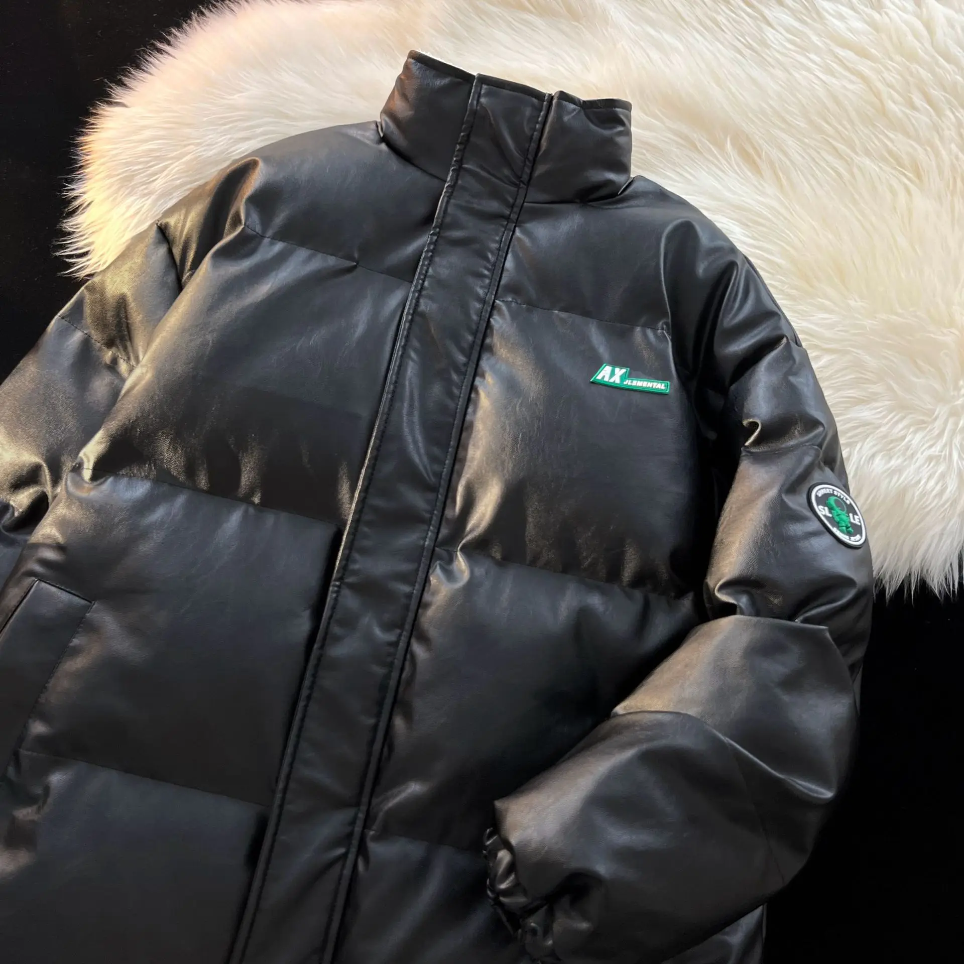 New Lamb Velvet Stand-up Collar PU Leather Cotton Coat Men Women Couple Coat Winter Loose Men's Thickened Down Cotton Jacket