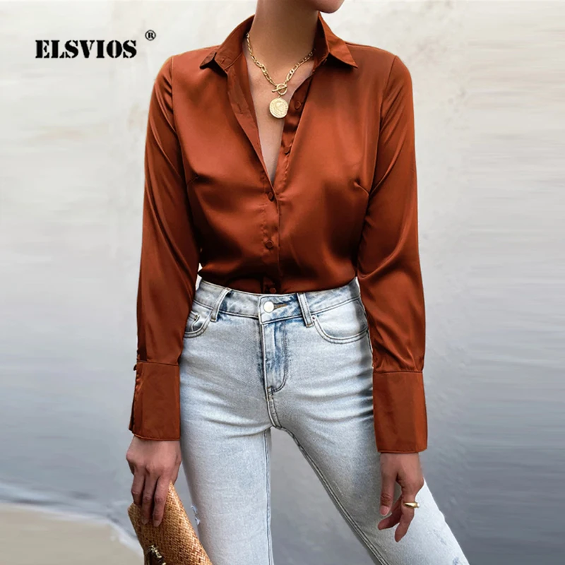 

Spring Elegant Lady Office Blouse Fashion Lapel Slim Shirt Long Sleeve Solid Color Satin Temperamental Autumn Women Blouses 2022