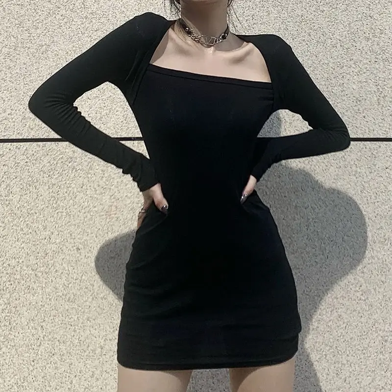 

Женское базовое элегантное платье на весну и осень, черное платье с длинным рукавом и квадратным вырезом, мини-платье с запахом на бедрах, 2022