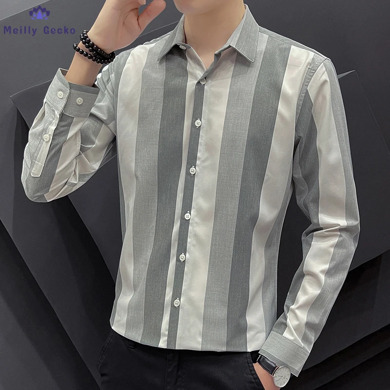 Meilly Gecko 2022 Long Sleeves Spring And Autumn Stripe Men Summer Thin Business Leisure Blouse Autumn Clothes Jacket Shirt