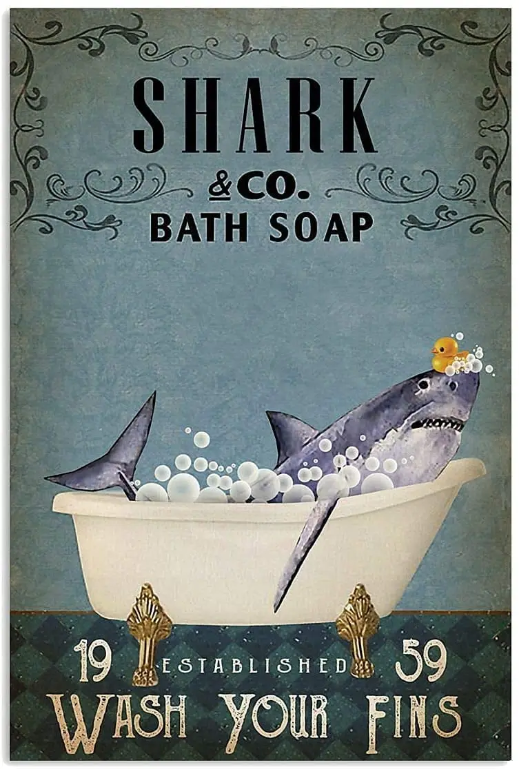 

Cabenrm Bathroom Shark Retro Metal Tin Sign, Shark Bath Soap Bubble Poster Vintage Toilet Cave Bar Home Bathroom Wall Decoration