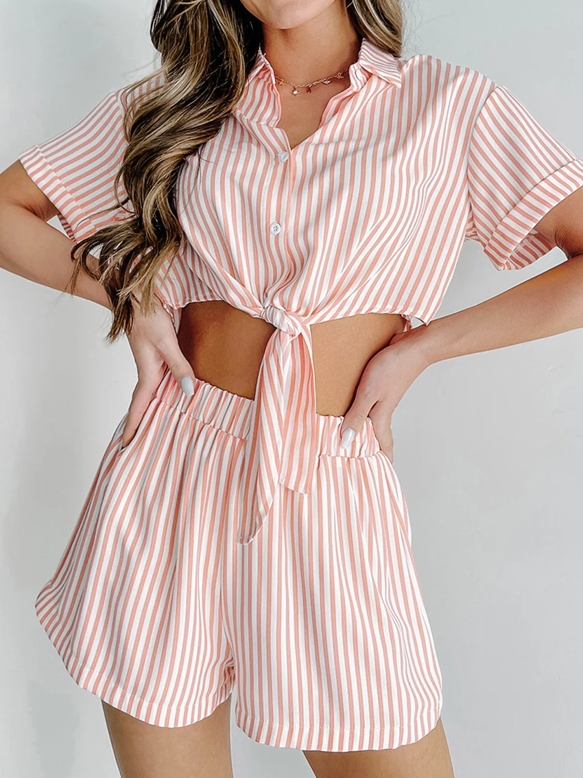 Marthaqiqi Fashion Women'S Pajama Set Sexy Crop Top Sleepwear Turn-Down Collar Short Sleeve Nightwear Shorts Summer Pyjamas Suit