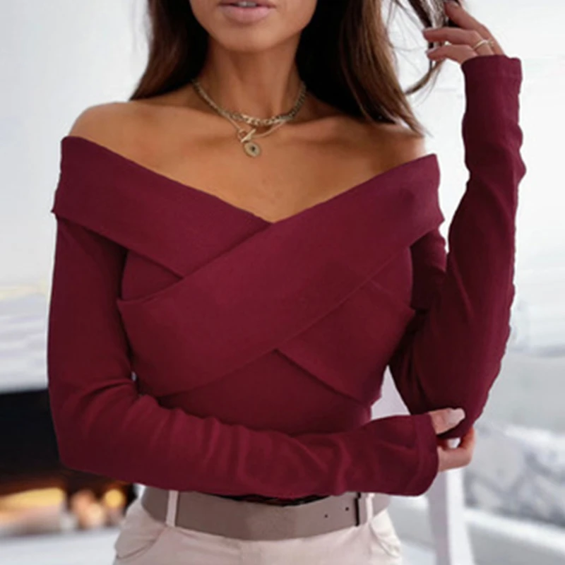 

Sexy Off Shoulder Women T Shirt Deep V Neck Long Sleeve Skinny Tops Spring Autumn All Match Solid Female T Shirts